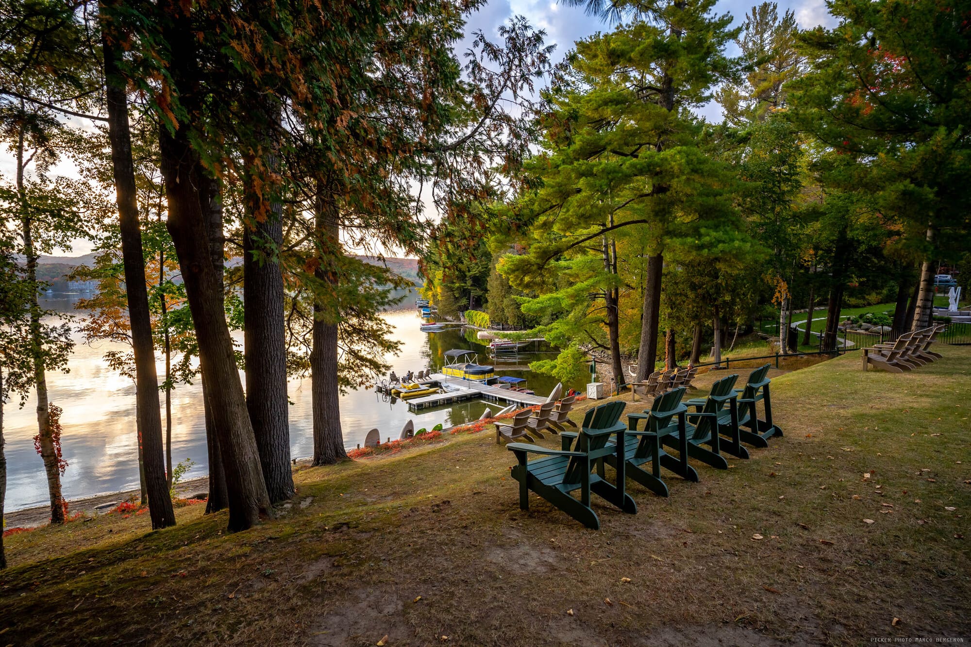 Chaises Adirondack alignées sous les arbres au bord du lac Massawipppi à Ayer's Cliff, dans les Cantons-de-l'Est.