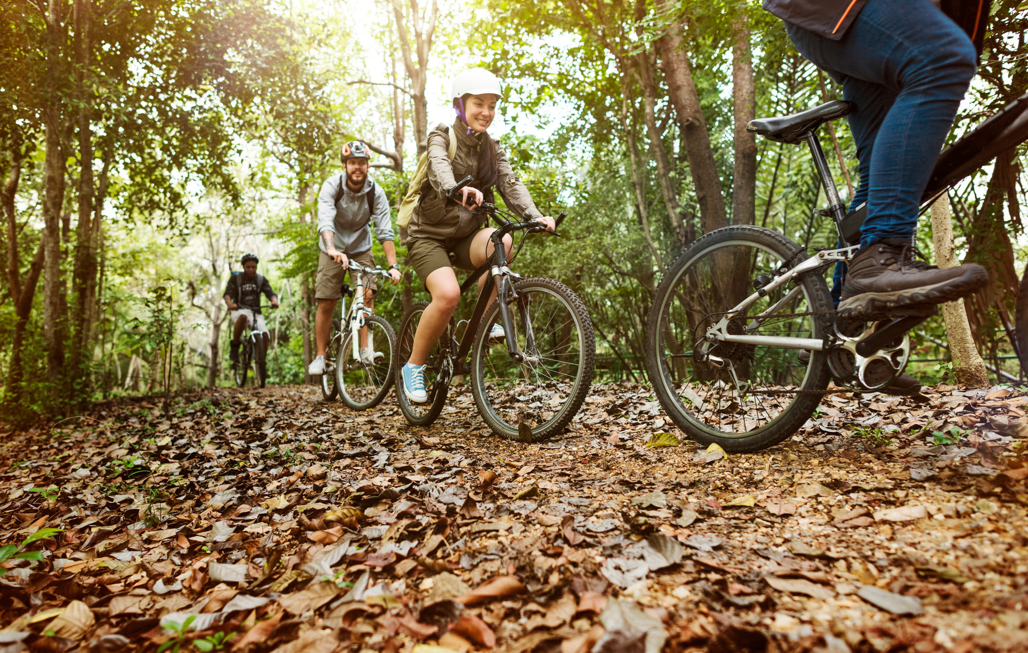 Groupe d’amis en vélo de montagne parcourant un sentier forestier couvert de feuilles, lors d’une randonnée à vélo dans les Cantons-de-l’Est au Québec.